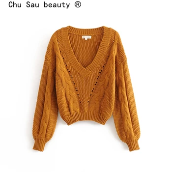 

Chu Sau beauty New Fashion Autumn Winter Hemp Flowers V-neck Sweater Women Casual Chic Hollow Out Knitted Loose Pullovers Female
