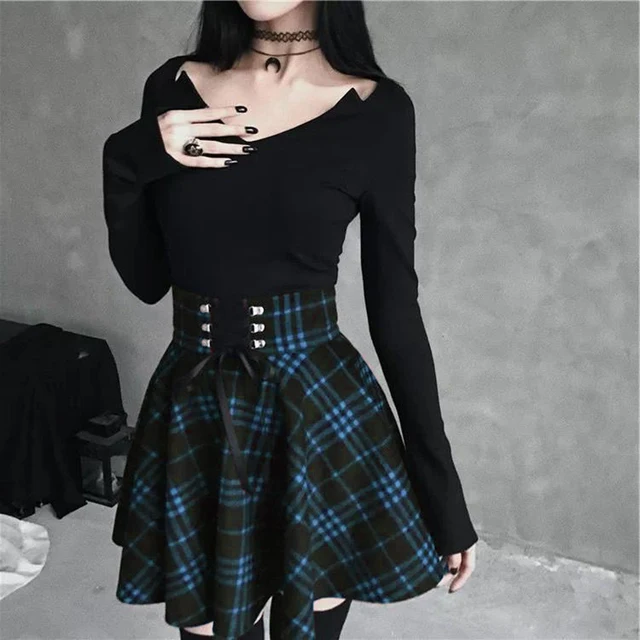 US $7.31 Gothic Plaid Mini Skirt Women Vintage Lace Up High Waist Draped A-line Pleated Skirts Casual Plus S