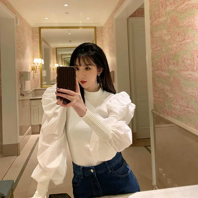 

2020 Spring Summer New Pattern Round Collar Puff Sleeve Solid Kntting Pullovers Streetwear T-shirt Women