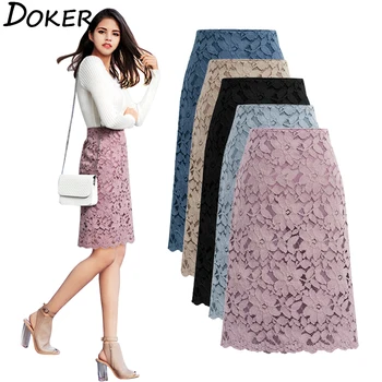 

Pencil Skirt Women 2020 New Summer Plus Size A Line Knee Length High Waist Skirts Lace Elegant Office Lady Pink Midi Skirt Femme