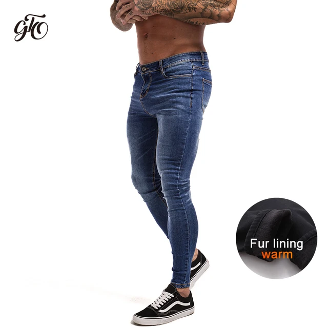 GINGTTO Jeans Men Elastic Waist Skinny Jeans Men 2020 Stretch Ripped Pants Streetwear Mens Denim Jeans Blue Flannel Lined blue