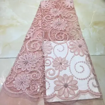 

New Peach Pink 3D Flower Fabric 2019 Latest African Mesh Embroidery French Beads Lace Fabric For Wedding Dress For Women Men