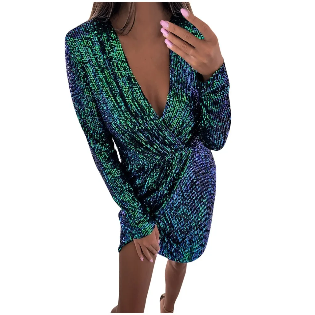 Deep V Sequins Wrap Ruched dress autumn and winter Long Sleeve Nightclub Dress elegant women dress long sleeve big size vestido