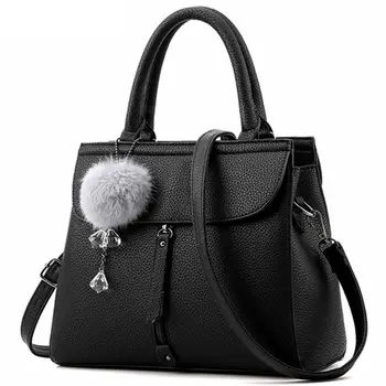 

Women fur ball ornaments totes zipper medium handbag lady party purse new shoulder messenger crossbody bags(Black)
