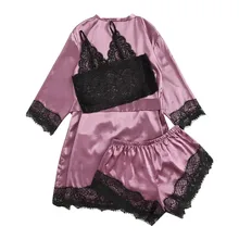 3 шт., сексуальное ночное белье для женщин, комплект для отдыха, кружевной атласный беспроводной бюстгальтер, камзол шорты, Пижама, платье, комплект для сна, Женский комплект, Bielizna Nocna