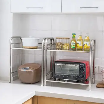 

Double Layers Stainless Steel Microwave Oven Rack Kitchen Table Top Floor Oven Seasoning Spice Storage Rack Large Kitchen Shelf