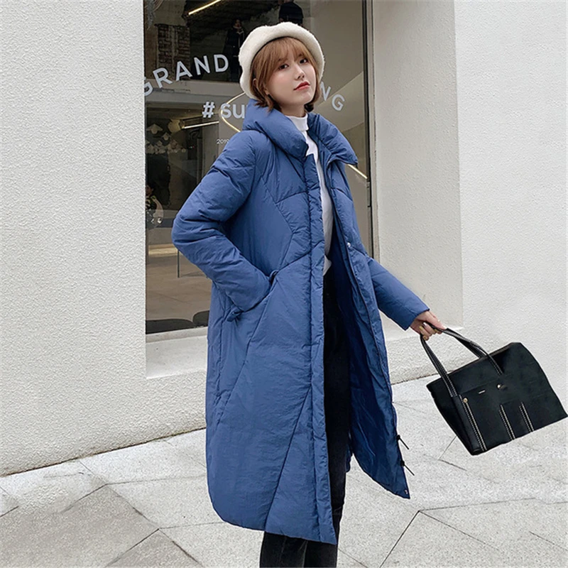 New Korean Winter Down jacket Thick Slim white duck down Coat Long-sleeved stand collar Long Loose Women Outerwear P064