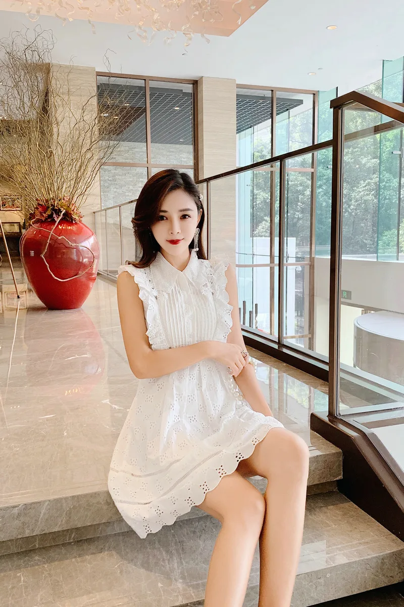 Summer Solid Women Dress Summer Sleeveless High Waist Hollow Out Slim Mini Dresses Female Fashion Elegant New