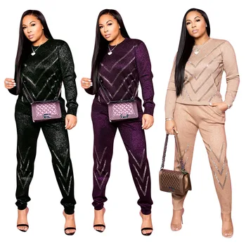 

Fashion Women Two Pieces Set Hot Drilling Sweatshirt Top And Pants With Posket Tracksuit Sportwear Jogging Femme Autumn Winter