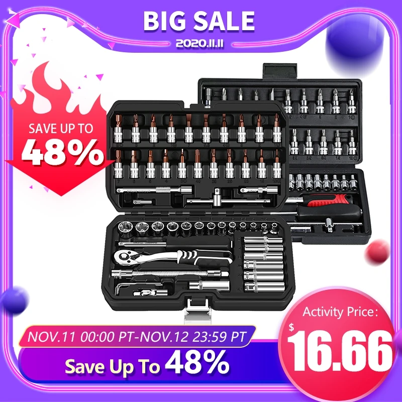

53pcs/set Carbon Steel Combination Set Wrench Socket Spanner Screwdriver Household Motorcycle Car Repair Tool Hardware Set Kits