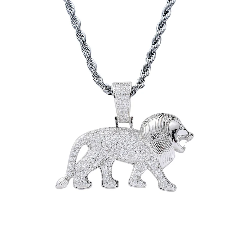 Микро проложили AAA кубического циркония Bling Iced Out Мужской Лев Подвески ожерелье для мужчин хип хоп рэппер ювелирные изделия золото серебро - Окраска металла: silver
