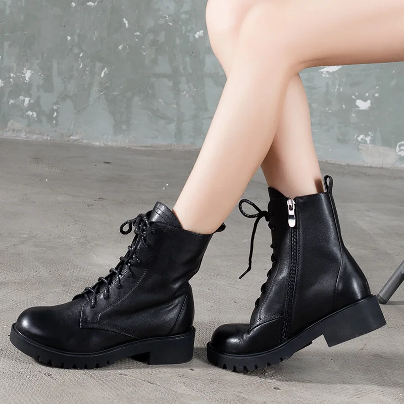 

Tenige Genuine Leather Martin 2020 Lace Flat Bottom Short Black Leisure Joker Boots Female