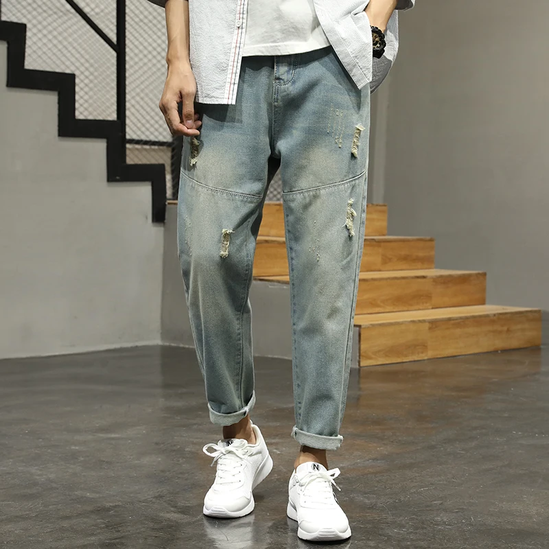 

Men's Ripped Slim fit Biker Jeans Destroyed Denim Pants Mens Street Fashion Button Harem Pants Men Jogger Clothes blue student