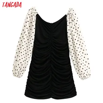 

Tangada fashion women black print mini dress backless dots puff long sleeve ladies vintage short dress vestidos BE310