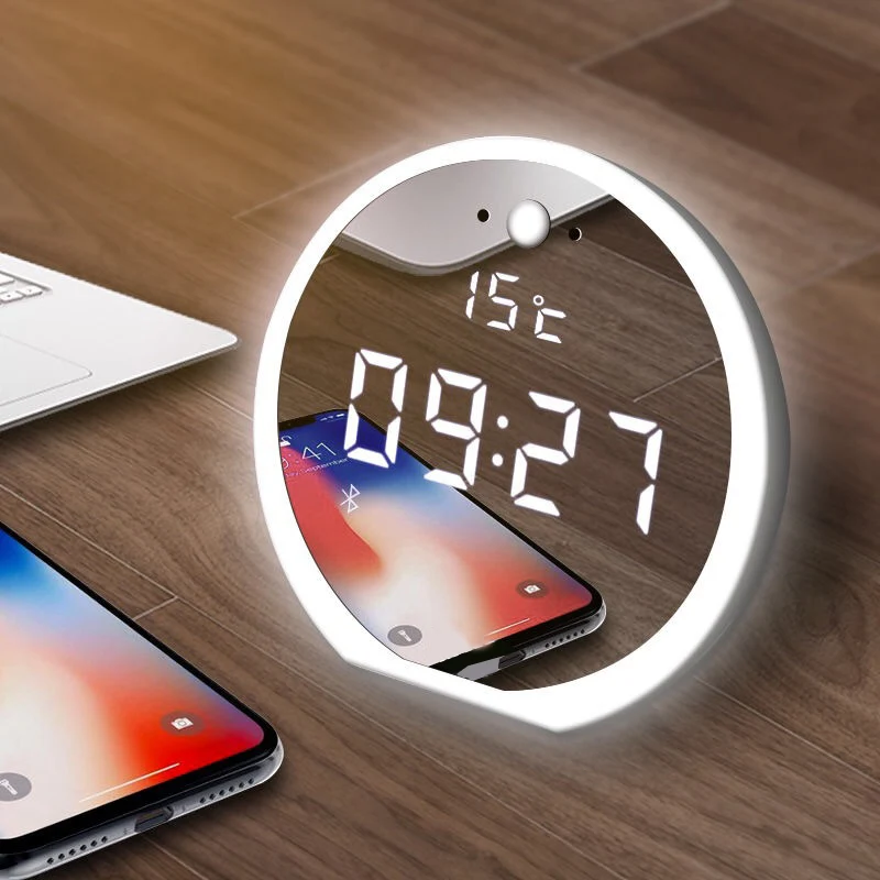 Будильник беспроводной Bluetooth динамик ночной Светильник FM радио Светодиодный зеркальный Повтор Настольный сабвуфер музыкальный плеер двойные сигналы цифровой