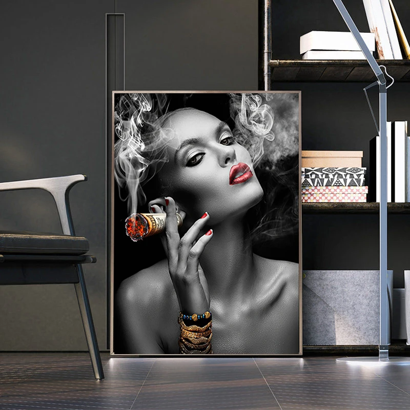 

Modern Art Black White Sexy Smoking Woman Canvas Painting on The Wall Poster Prints Wall Art Picture for Home Living Room Decor