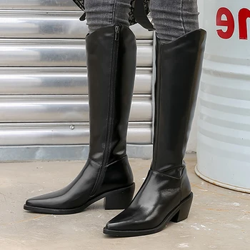 

High Boots Women Autumn Winter Warm Side Zipper Cross Tied Boots Women Pointed Toe Boots Platforms Knee High Boots