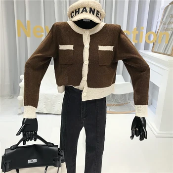 

Knitted Cardigan Contrasting Color Elegant O-neck Short Sweater Female 2020 Autumn New Sweater Streetwear Single Breasted