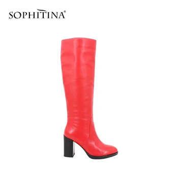 

SOPHITINA Genuine Leather Knee-High Boots Thick High Heels Dark Blue Red Elegant Lady Boots Sexy Party Career Shoes Women B52