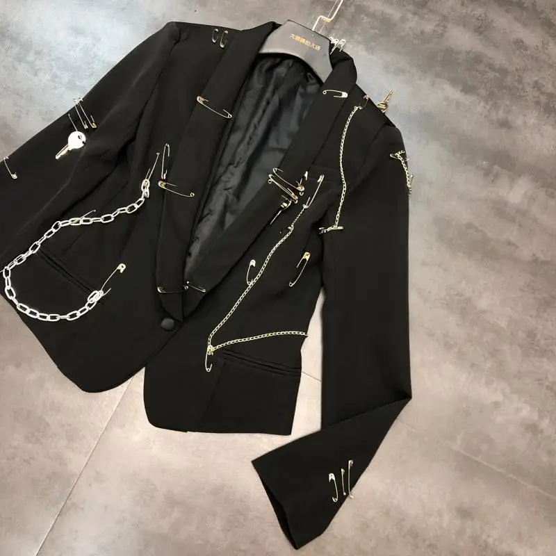 2020 Spring New Pin Chain Punk Style Small Suit Cropped Jacket Slim-Fit Suit Jacket Women High Street Black Blazer Coat Femme