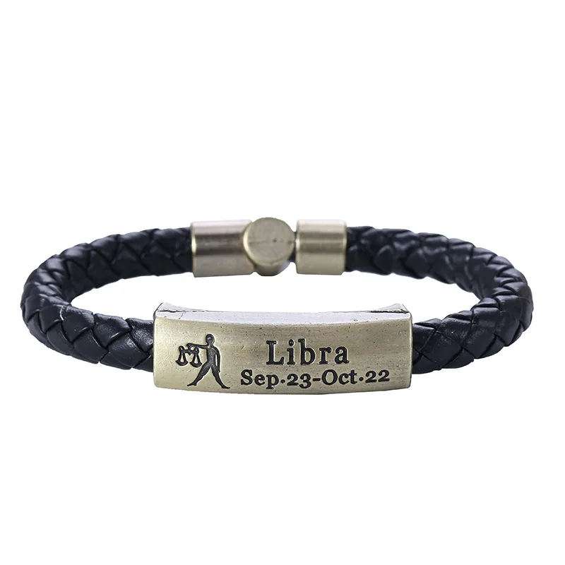Libra Черный мужской 12 Созвездие кожаный браслет зеленая бронза Матовый браслеты на магните браслеты с пряжкой для мужчин модные ювелирные изделия - Окраска металла: Libra