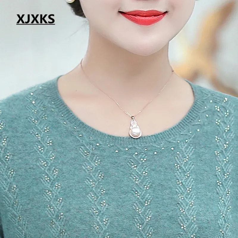 XJXKS High quality wool+ rabbit fur blended knit sweater women pullover autumn winter new loose plus size women sweater