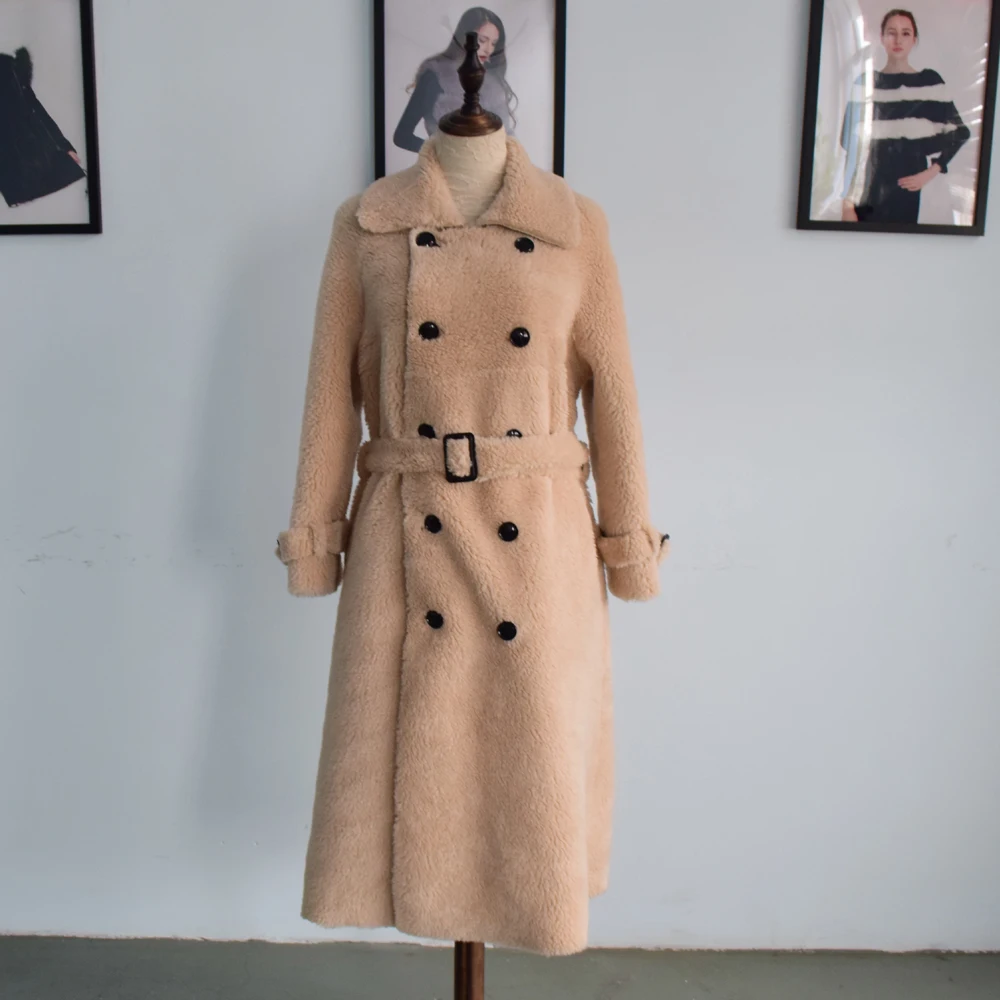 Cena 2019 BFFUR długa wełniana kurtka z paskiem płaszcz z prawdziwego futra skręcić w dół kołnierz damskie płaszcze z naturalnej owczej skóry kobiet zima strój