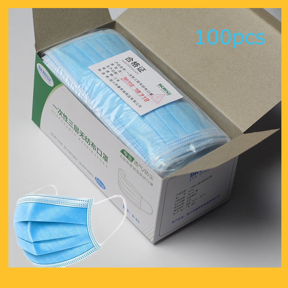 

100 PCS Masks Disposable 3 Layers Non Woven Dustproof Facial Protective Cover Mask Earloop Anti-Dust Filter Masks In stock