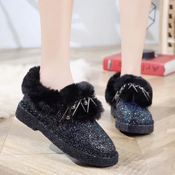 

Women Winter Warm Boots Antiskid Outsole Lady Snow Boots Shiny Brand Fashion Style Metal Decoration Easy Wear Hairy Ankle Boots