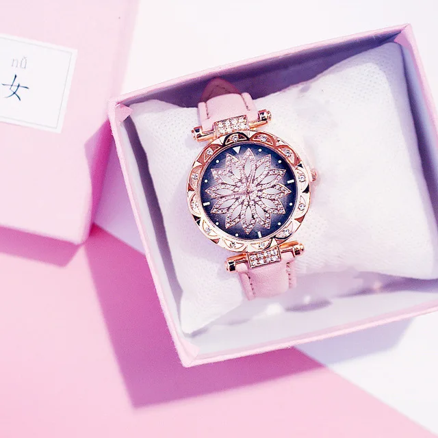Pink Color Роскошные женские часы модные бриллиантовые часы из розового золота женские наручные часы Звездное небо повседневные кварцевые часы с кожаным ремешком reloj mujer - Цвет: Pink Color