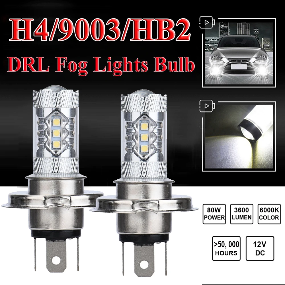 

2X H4 9003 HB2 Fog Light LED Headlight 80W Hi/Low Beam Driving DRL Lamp White