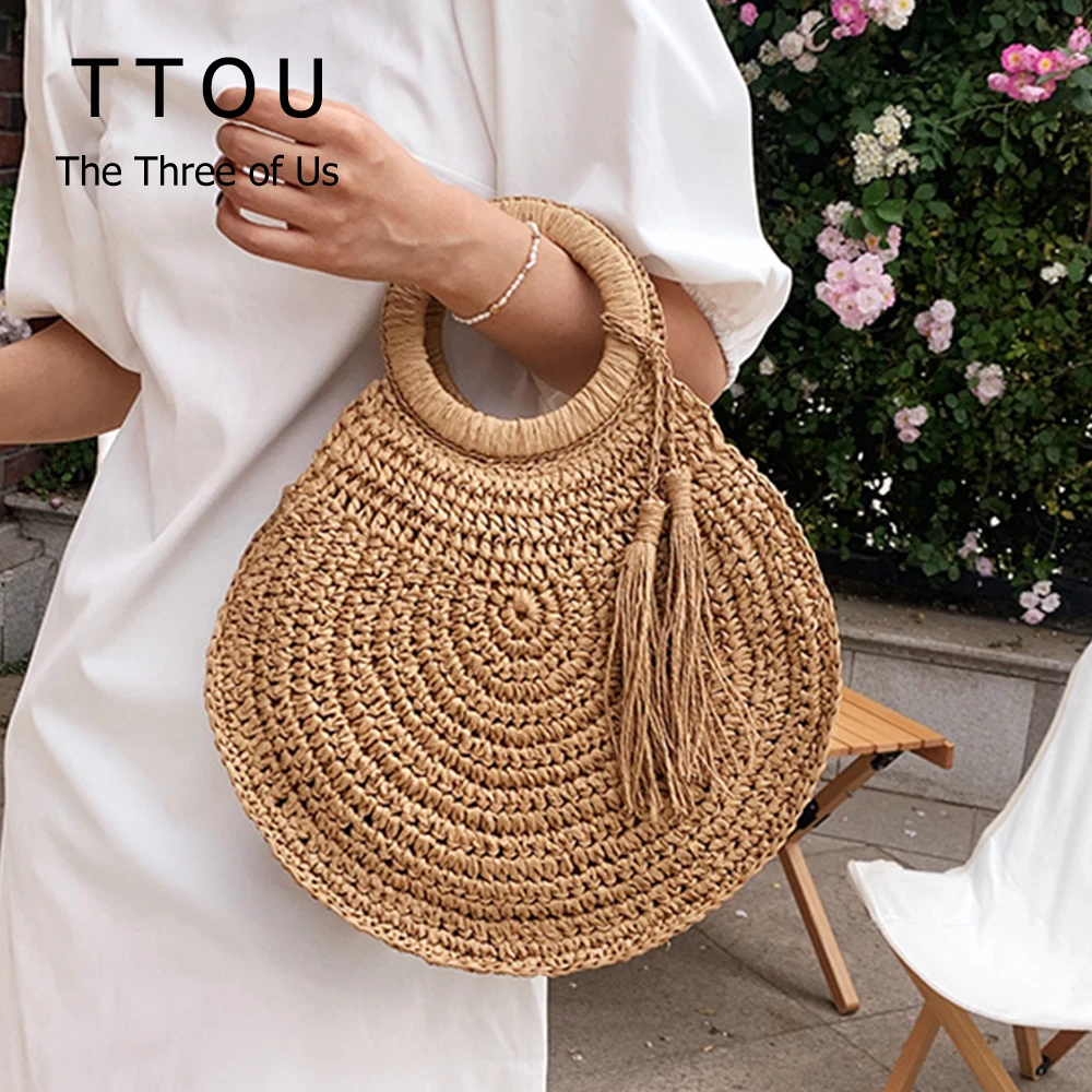 Bolsos de mano tejidos de paja para mujer, bolsas de mano de gran capacidad con asa madera, tejido de ganchillo, estilo Retro, con cuerda ocio, para playa| | - AliExpress