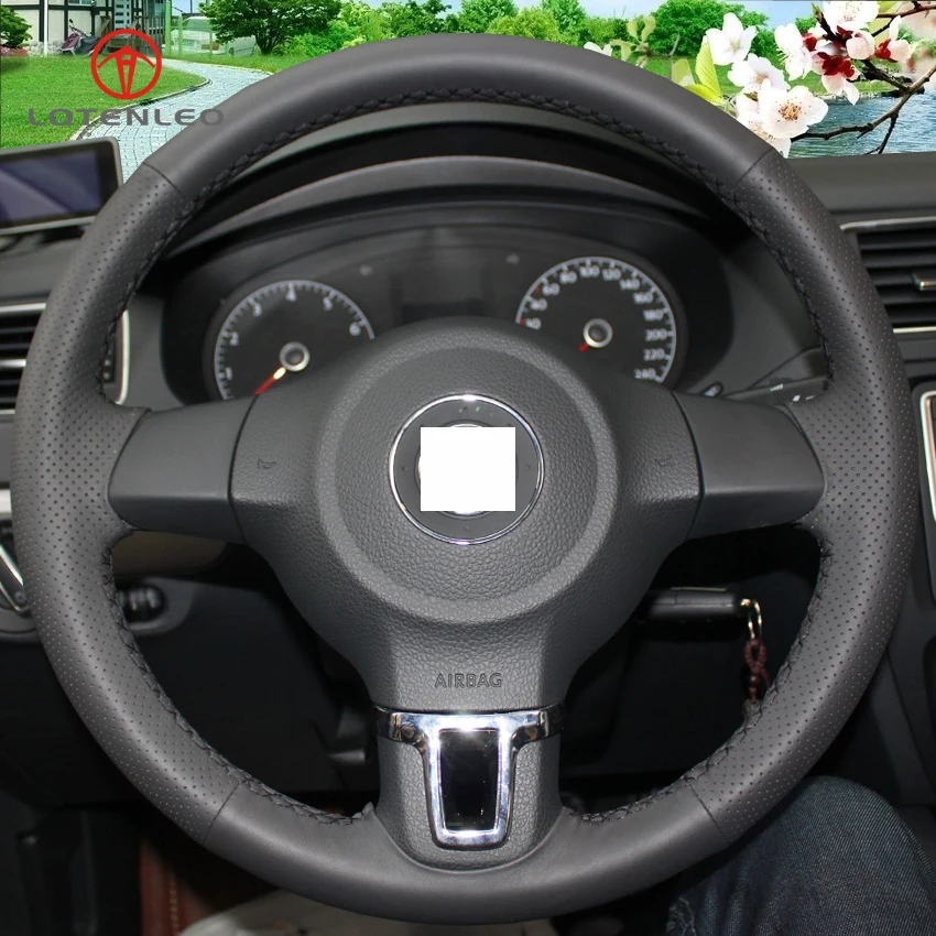 Lqtenleo Black Genuine Leather Steering Wheel Cover For Volkswagen Vw