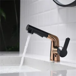 Rose Gold Black Solid Brass Bathroom Basin Pull Out Type Faucets Sink Mixer Hot & Cold Single Handle Deck Mounted Lavatory Taps