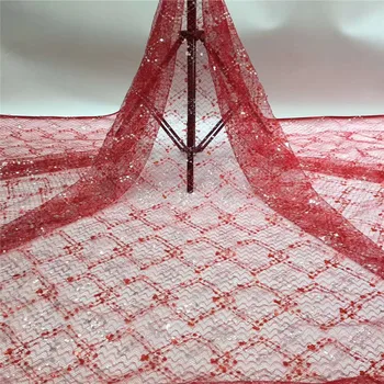 

Red soft shiny African organza Lace Swiss tulle lace fabric with Neon Sequins fantastic Nigerian sewing buba cloth 5 yards