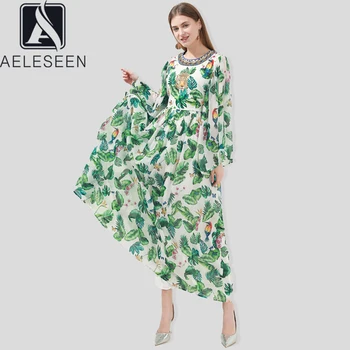 

AELESEEN Spring Summer Bohemain Dress 2020 Designer Fashion Flare Sleeve Animal Floral Print Luxury Beading Long Party Dress
