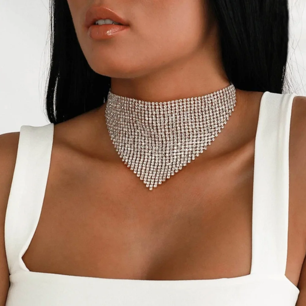 Bijoux Femme(украшения своими руками) цвета: золотистый, серебристый Роскошные Стразы Большой колье Цепочки и ожерелья для Для женщин с украшением в виде кристаллов Биб Воротник Колье Цепочки и ожерелья ювелирных изделий