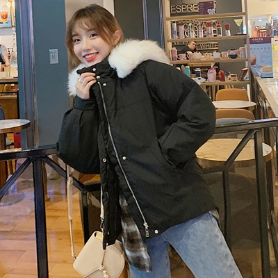 Черный Winter new Korean loose padded white hooded black jacket Fashion temperament coat - Цвет: Черный