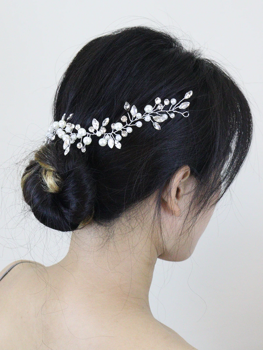 Shiny Silver Pearls Bridal Hair Accessories Rhinestones Women Headpieces Handmade Bride Headdress Weddings Headbands Hair Vine