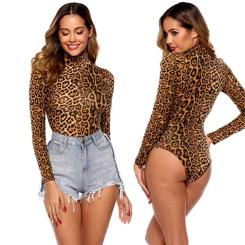Sexy Women Long Sleeve Turtleneck Leopard Print Bodysuit Jumpsuit Clubwear Leotard Bodycon Animal Skin Romper Jumpsuit Out Tops