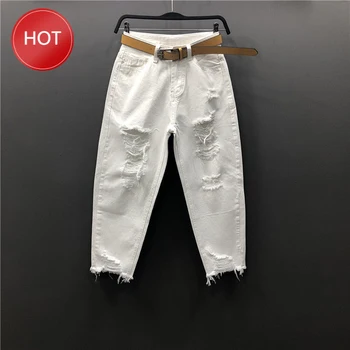 

Korea Fashion Vintage Ripped White Jeans For Women Loose Casual Ankle-length Denim Harem Pants Jean Femme Summer New