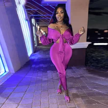 

Women Fitness Two Piece Sets Club Outfits Sexy Bow Tied Cleavage Long Sleeve Crop Top and High Waist Skinny Pencil Legging Suits