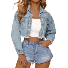 

Woman Cropped Jeans Jacket Denim Fringed Short Coats For Women Spring Holes Vintage Casual Jackets Femme Fashion Streetwear Coat