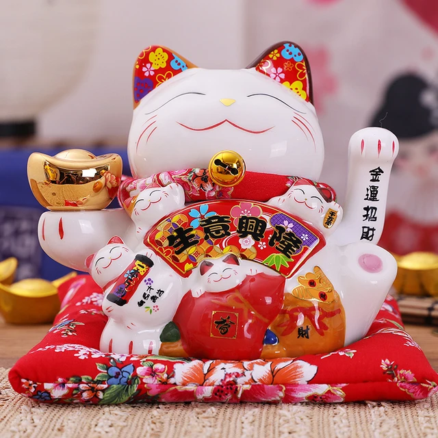 Gato de la suerte de cerámica, adorno de Maneki Neko, Feng Shui