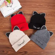 Корейская женская шапка с вышивкой в виде милых котов и усов, стразы, 3D уши, одноцветная зимняя вязаная шапка в рубчик M2EB