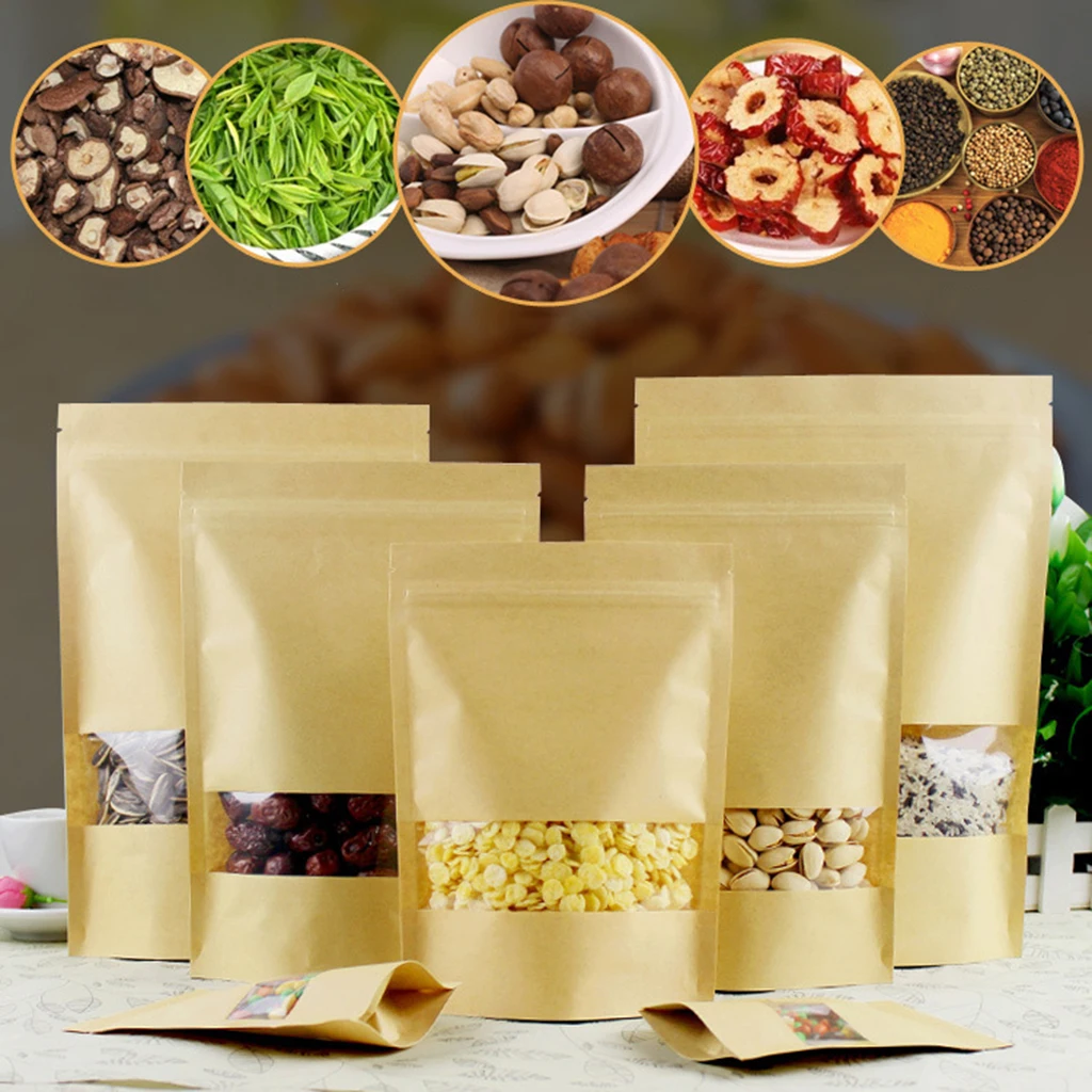100pcs Brown Paper Pouch Kraft Paper Sachet With Window And Bottom For Packing Of Coffee, Tea And Food More