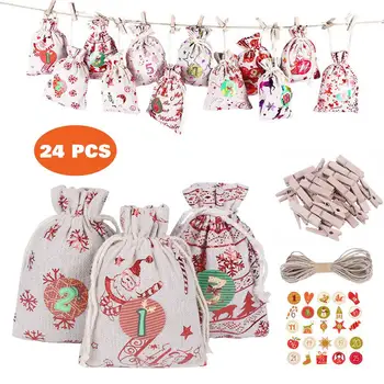 

Christmas Countdown Candy Bag Beam Mouth Cotton And Linen Hot Stamping Christmas Gift Bag Set With 24 Numbers
