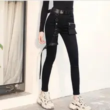 Женские черные джинсы с высокой талией, пояс с кольцом, обтягивающие джинсовые штаны в стиле панк, весенне-осенние женские уличные ретро брюки K1237
