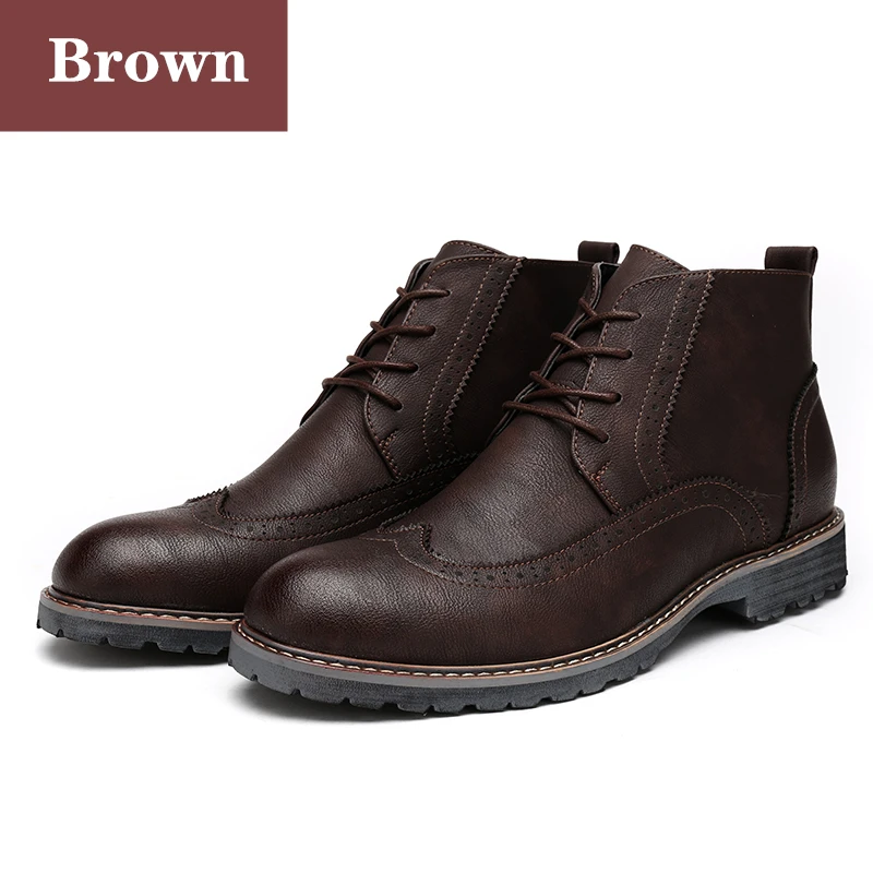 Brown Men Boots Misalwa/винтажные мужские ботинки с высоким берцем; сезон осень-зима; полуботинки с перфорацией типа «броги»; мужские повседневные рабочие ботинки; кожаная обувь на шнуровке - Цвет: Brown Men Boots