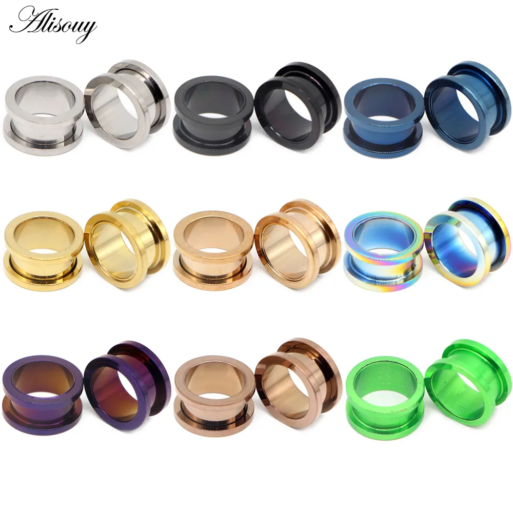 Alisouy 2pcs 1.2-30mm Stainless Steel Ear Tunnels Plugs Black Gold Color Expander Stretcher Ear Gauges Piercing Body Jewelry
